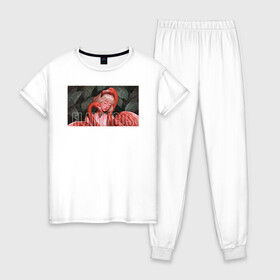 Женская пижама хлопок с принтом flamingos в Петрозаводске, 100% хлопок | брюки и футболка прямого кроя, без карманов, на брюках мягкая резинка на поясе и по низу штанин | flamingo | птицы | розовый | фламинго