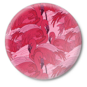 Значок с принтом розовые фламинго в Петрозаводске,  металл | круглая форма, металлическая застежка в виде булавки | flamingo | птицы | розовый | фламинго