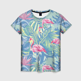 Женская футболка 3D с принтом фламинго в Петрозаводске, 100% полиэфир ( синтетическое хлопкоподобное полотно) | прямой крой, круглый вырез горловины, длина до линии бедер | flamingo | птицы | розовый | фламинго