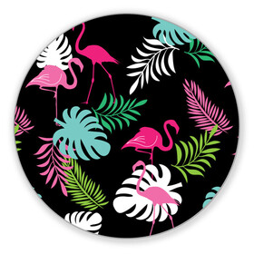 Коврик для мышки круглый с принтом фламинго с цветами в Петрозаводске, резина и полиэстер | круглая форма, изображение наносится на всю лицевую часть | flamingo | птицы | розовый | фламинго