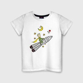 Детская футболка хлопок с принтом Маленький принц на ракете в Петрозаводске, 100% хлопок | круглый вырез горловины, полуприлегающий силуэт, длина до линии бедер | baby | dreams | little prince | prince | rocket | space | stars | the little prince | детские | звезды | космонавт | космос | луна | маленький принц | малыш | месяц | мечты | полет | полумесяц | принц | ракета | ребенок | роза | сказки