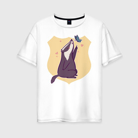 Женская футболка хлопок Oversize с принтом Барсук и бабочка в Петрозаводске, 100% хлопок | свободный крой, круглый ворот, спущенный рукав, длина до линии бедер
 | animals | бабочка | барсук | барсук и бабочка | животное | зверь | насекомое | сердечко