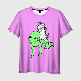 Мужская футболка 3D с принтом Инопланетянин и Единорожка в Петрозаводске, 100% полиэфир | прямой крой, круглый вырез горловины, длина до линии бедер | волшебство | единорог | забавное | инопланетянин