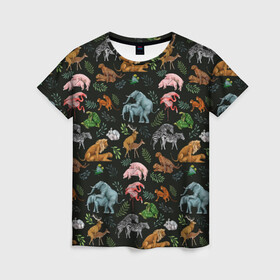 Женская футболка 3D с принтом Дикие Звери Паттерн в Петрозаводске, 100% полиэфир ( синтетическое хлопкоподобное полотно) | прямой крой, круглый вырез горловины, длина до линии бедер | animals | зайцы | звери | зебры | кошки | лев | леопард | обезьяны | олени | природа | тигры | фламинго | цветы