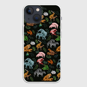 Чехол для iPhone 13 mini с принтом Дикие Звери Паттерн в Петрозаводске,  |  | animals | зайцы | звери | зебры | кошки | лев | леопард | обезьяны | олени | природа | тигры | фламинго | цветы