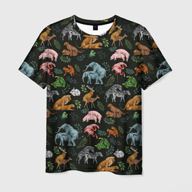 Мужская футболка 3D с принтом Дикие Звери Паттерн в Петрозаводске, 100% полиэфир | прямой крой, круглый вырез горловины, длина до линии бедер | animals | зайцы | звери | зебры | кошки | лев | леопард | обезьяны | олени | природа | тигры | фламинго | цветы