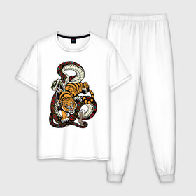 Мужская пижама хлопок с принтом Тигр и Змея Борьба в Петрозаводске, 100% хлопок | брюки и футболка прямого кроя, без карманов, на брюках мягкая резинка на поясе и по низу штанин
 | Тематика изображения на принте: beast | snake | tiger | борьба | животные | звери | змеи | зубы | когти | кошки | тигры | узор