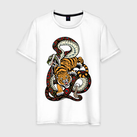 Мужская футболка хлопок с принтом Тигр и Змея Борьба в Петрозаводске, 100% хлопок | прямой крой, круглый вырез горловины, длина до линии бедер, слегка спущенное плечо. | beast | snake | tiger | борьба | животные | звери | змеи | зубы | когти | кошки | тигры | узор
