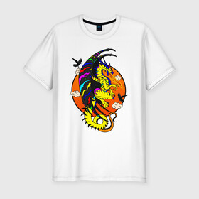Мужская футболка хлопок Slim с принтом Красочный дракон в Петрозаводске, 92% хлопок, 8% лайкра | приталенный силуэт, круглый вырез ворота, длина до линии бедра, короткий рукав | deagon | fantasy | monster | wings | вороны | дракон | животные | зверь | змей | китайский дракон | крылья | луна | мифические существа | монстр | облака | огненный | огонь | пламя | птицы | радужный | сказочный