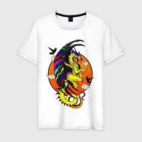 Мужская футболка хлопок с принтом Красочный дракон в Петрозаводске, 100% хлопок | прямой крой, круглый вырез горловины, длина до линии бедер, слегка спущенное плечо. | deagon | fantasy | monster | wings | вороны | дракон | животные | зверь | змей | китайский дракон | крылья | луна | мифические существа | монстр | облака | огненный | огонь | пламя | птицы | радужный | сказочный
