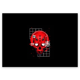 Поздравительная открытка с принтом КРАСНЫЙ ЧЕРЕП КИБЕРПАНК в Петрозаводске, 100% бумага | плотность бумаги 280 г/м2, матовая, на обратной стороне линовка и место для марки
 | Тематика изображения на принте: bones | cyberpunk | geometry | oni | red skull | skull | геометрия | иероглифы | киберпанк | красный череп | они | череп