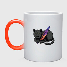 Кружка хамелеон с принтом Чёрный кот с пёрышком в Петрозаводске, керамика | меняет цвет при нагревании, емкость 330 мл | Тематика изображения на принте: black cat | cats | cute | feather | fluffy | kitten | kitty | playful | pussy | pussycat | британская кошка | британский кот | градиент | играет с пером | киса | котенок | кошечка | кошка | милота | перо | прикол | пус | пусси | пушистый кот 