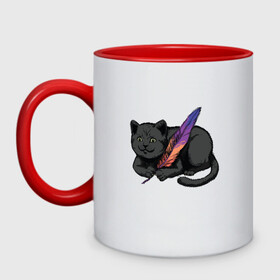 Кружка двухцветная с принтом Чёрный кот с пёрышком в Петрозаводске, керамика | объем — 330 мл, диаметр — 80 мм. Цветная ручка и кайма сверху, в некоторых цветах — вся внутренняя часть | black cat | cats | cute | feather | fluffy | kitten | kitty | playful | pussy | pussycat | британская кошка | британский кот | градиент | играет с пером | киса | котенок | кошечка | кошка | милота | перо | прикол | пус | пусси | пушистый кот 