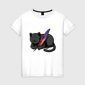 Женская футболка хлопок с принтом Чёрный кот с пёрышком в Петрозаводске, 100% хлопок | прямой крой, круглый вырез горловины, длина до линии бедер, слегка спущенное плечо | black cat | cats | cute | feather | fluffy | kitten | kitty | playful | pussy | pussycat | британская кошка | британский кот | градиент | играет с пером | киса | котенок | кошечка | кошка | милота | перо | прикол | пус | пусси | пушистый кот 