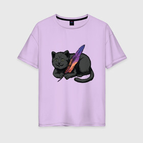 Женская футболка хлопок Oversize с принтом Чёрный кот с пёрышком в Петрозаводске, 100% хлопок | свободный крой, круглый ворот, спущенный рукав, длина до линии бедер
 | black cat | cats | cute | feather | fluffy | kitten | kitty | playful | pussy | pussycat | британская кошка | британский кот | градиент | играет с пером | киса | котенок | кошечка | кошка | милота | перо | прикол | пус | пусси | пушистый кот 