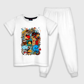 Детская пижама хлопок с принтом Doodle Monster Дудл (Z) в Петрозаводске, 100% хлопок |  брюки и футболка прямого кроя, без карманов, на брюках мягкая резинка на поясе и по низу штанин
 | Тематика изображения на принте: doodle | doodle monster | графи | граффити | дудл | дудлинг | дудлы монстрики | мульт | мультяшная | разноцветные монстрики
