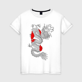 Женская футболка хлопок с принтом Японский Дракон в Петрозаводске, 100% хлопок | прямой крой, круглый вырез горловины, длина до линии бедер, слегка спущенное плечо | akatsuki | beast | dragon | акацуки | дракон | животные | зверь | змей | когти | облако | огонь | узор | чб | японский