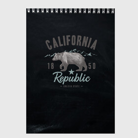 Скетчбук с принтом California republic в Петрозаводске, 100% бумага
 | 48 листов, плотность листов — 100 г/м2, плотность картонной обложки — 250 г/м2. Листы скреплены сверху удобной пружинной спиралью | Тематика изображения на принте: bear | california | republic | state | калифорния | медведь | республика