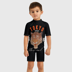 Детский купальный костюм 3D с принтом Tokyo Tiger Japan в Петрозаводске, Полиэстер 85%, Спандекс 15% | застежка на молнии на спине | japan | tokyo | большая кошка | полосатый | тигр | тигрица | токио | хищник