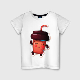 Детская футболка хлопок с принтом Кофейный стаканчик милашка в Петрозаводске, 100% хлопок | круглый вырез горловины, полуприлегающий силуэт, длина до линии бедер | кофе | малышка | милашка | мультяшка | стаканчик