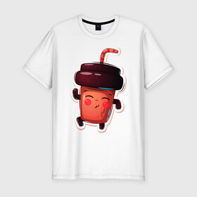 Мужская футболка хлопок Slim с принтом Кофейный стаканчик милашка в Петрозаводске, 92% хлопок, 8% лайкра | приталенный силуэт, круглый вырез ворота, длина до линии бедра, короткий рукав | кофе | малышка | милашка | мультяшка | стаканчик