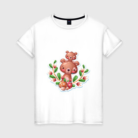 Женская футболка хлопок с принтом Веселые медведи милашки в Петрозаводске, 100% хлопок | прямой крой, круглый вырез горловины, длина до линии бедер, слегка спущенное плечо | веселые | животные | малышка | медведи | медвежонок | милашка | мультяшка