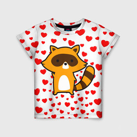 Детская футболка 3D с принтом Енот в сердечках в Петрозаводске, 100% гипоаллергенный полиэфир | прямой крой, круглый вырез горловины, длина до линии бедер, чуть спущенное плечо, ткань немного тянется | animal | love | енот | животные | любовь | сердечки