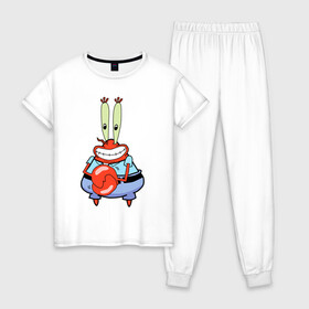 Женская пижама хлопок с принтом Мистер Крабс в Петрозаводске, 100% хлопок | брюки и футболка прямого кроя, без карманов, на брюках мягкая резинка на поясе и по низу штанин | mister crabs | sponge bob | губка боб | мистер крабс