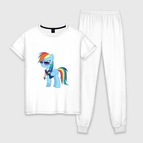 Женская пижама хлопок с принтом Pony - Rainbow Dash в Петрозаводске, 100% хлопок | брюки и футболка прямого кроя, без карманов, на брюках мягкая резинка на поясе и по низу штанин | applejack | friendship | mylittlepony | rainbow dash | twilight sparkle | waifu | вайфу | дружба это магия | кони | моя маленькая пони | мультфильм | пони | радуга | ренбоу деш | эплджек
