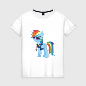 Женская футболка хлопок с принтом Pony - Rainbow Dash в Петрозаводске, 100% хлопок | прямой крой, круглый вырез горловины, длина до линии бедер, слегка спущенное плечо | applejack | friendship | mylittlepony | rainbow dash | twilight sparkle | waifu | вайфу | дружба это магия | кони | моя маленькая пони | мультфильм | пони | радуга | ренбоу деш | эплджек
