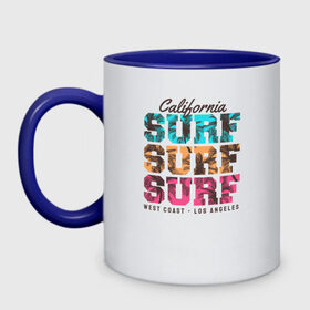 Кружка двухцветная с принтом Surf в Петрозаводске, керамика | объем — 330 мл, диаметр — 80 мм. Цветная ручка и кайма сверху, в некоторых цветах — вся внутренняя часть | surf | usa | калифорния | лето | море