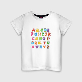 Детская футболка хлопок с принтом Английский Алфавит в Петрозаводске, 100% хлопок | круглый вырез горловины, полуприлегающий силуэт, длина до линии бедер | алфавит | английский алфавит | буквы | буквы с глазами | красочные буквы | персонажи