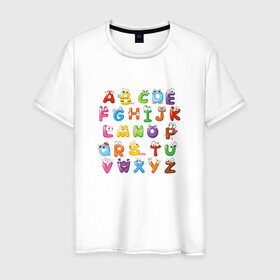 Мужская футболка хлопок с принтом Английский Алфавит в Петрозаводске, 100% хлопок | прямой крой, круглый вырез горловины, длина до линии бедер, слегка спущенное плечо. | алфавит | английский алфавит | буквы | буквы с глазами | красочные буквы | персонажи