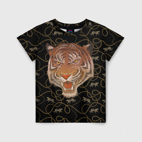 Детская футболка 3D с принтом Морда тигра в Петрозаводске, 100% гипоаллергенный полиэфир | прямой крой, круглый вырез горловины, длина до линии бедер, чуть спущенное плечо, ткань немного тянется | большая кошка | полосатый | тигр | тигрица | хищник
