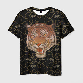 Мужская футболка 3D с принтом Морда тигра в Петрозаводске, 100% полиэфир | прямой крой, круглый вырез горловины, длина до линии бедер | большая кошка | полосатый | тигр | тигрица | хищник