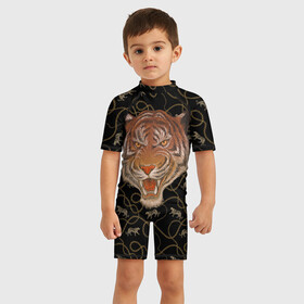 Детский купальный костюм 3D с принтом Морда тигра в Петрозаводске, Полиэстер 85%, Спандекс 15% | застежка на молнии на спине | большая кошка | полосатый | тигр | тигрица | хищник