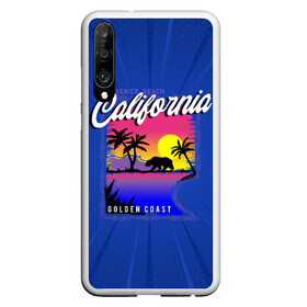 Чехол для Honor P30 с принтом California golden coast в Петрозаводске, Силикон | Область печати: задняя сторона чехла, без боковых панелей | california | golden coast | гризли | закат | калифорния | медведь | пальмы | природа