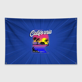 Флаг-баннер с принтом California golden coast в Петрозаводске, 100% полиэстер | размер 67 х 109 см, плотность ткани — 95 г/м2; по краям флага есть четыре люверса для крепления | california | golden coast | гризли | закат | калифорния | медведь | пальмы | природа