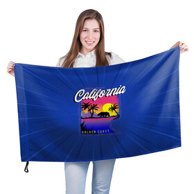 Флаг 3D с принтом California golden coast в Петрозаводске, 100% полиэстер | плотность ткани — 95 г/м2, размер — 67 х 109 см. Принт наносится с одной стороны | california | golden coast | гризли | закат | калифорния | медведь | пальмы | природа
