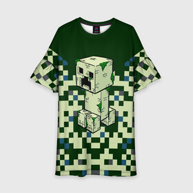 Детское платье 3D с принтом Minecraft Крипер в Петрозаводске, 100% полиэстер | прямой силуэт, чуть расширенный к низу. Круглая горловина, на рукавах — воланы | Тематика изображения на принте: minecraft | блоки | виеоигры | зеленый человечек | инди игра | комуфляж | майнкрафт | пикселы