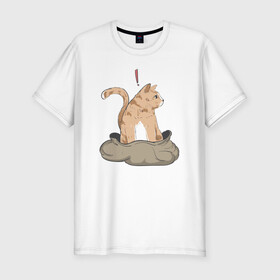 Мужская футболка хлопок Slim с принтом Кот в мешке в Петрозаводске, 92% хлопок, 8% лайкра | приталенный силуэт, круглый вырез ворота, длина до линии бедра, короткий рукав | cat | кот в мешке | кот из мема | рыжий котик | удивленный кошак