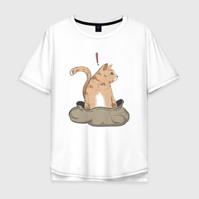 Мужская футболка хлопок Oversize с принтом Кот в мешке в Петрозаводске, 100% хлопок | свободный крой, круглый ворот, “спинка” длиннее передней части | Тематика изображения на принте: cat | кот в мешке | кот из мема | рыжий котик | удивленный кошак