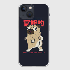 Чехол для iPhone 13 mini с принтом Мопсик в Петрозаводске,  |  | иероглифы | ироглифы | китай | мопс | мопсик | пёс | пёсики | собака | собаки | япония | японское