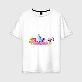 Женская футболка хлопок Oversize с принтом My Little Pony Happy Birthday в Петрозаводске, 100% хлопок | свободный крой, круглый ворот, спущенный рукав, длина до линии бедер
 | applejack | friendship | mylittlepony | rainbow dash | twilight sparkle | waifu | вайфу | дружба это магия | друзья | кони | моя маленькая пони | мультфильм | пони | радуга | ренбоу деш | эплджек