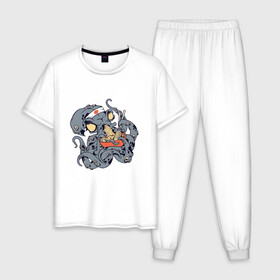 Мужская пижама хлопок с принтом Японский Кракен ест Рамен в Петрозаводске, 100% хлопок | брюки и футболка прямого кроя, без карманов, на брюках мягкая резинка на поясе и по низу штанин
 | anime | cook | fish | food | japan | kanji | kraken | manga | octopus | ramen | волны | еда | кандзи | катакана | кок | лапша | море | надписи | океан | осьминог | палочки | повар | рыба | символы | хирагана | япония | японские иероглифы