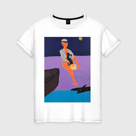 Женская футболка хлопок с принтом Картина #1, Ческидов в Петрозаводске, 100% хлопок | прямой крой, круглый вырез горловины, длина до линии бедер, слегка спущенное плечо | абстракция | акула | берег | женщина | кошка | лодка | луна