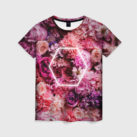Женская футболка 3D с принтом ROSE | РОЗЫ в Петрозаводске, 100% полиэфир ( синтетическое хлопкоподобное полотно) | прямой крой, круглый вырез горловины, длина до линии бедер | rose | женская | любовь | молодежь | мужская | неон | розы | свобода