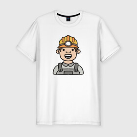 Мужская футболка хлопок Slim с принтом Строитель в Петрозаводске, 92% хлопок, 8% лайкра | приталенный силуэт, круглый вырез ворота, длина до линии бедра, короткий рукав | персонаж | рисунок | строитель | человек | человек в каске