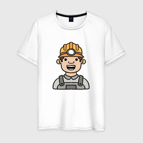 Мужская футболка хлопок с принтом Строитель в Петрозаводске, 100% хлопок | прямой крой, круглый вырез горловины, длина до линии бедер, слегка спущенное плечо. | персонаж | рисунок | строитель | человек | человек в каске