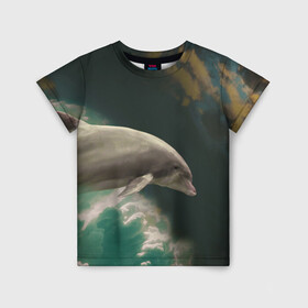 Детская футболка 3D с принтом Дельфин в облаках в Петрозаводске, 100% гипоаллергенный полиэфир | прямой крой, круглый вырез горловины, длина до линии бедер, чуть спущенное плечо, ткань немного тянется | дельфин | облака | плавник | полет | свобода